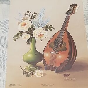 Vintage Art Print with Mandolin and Flowers Neal Holland Print